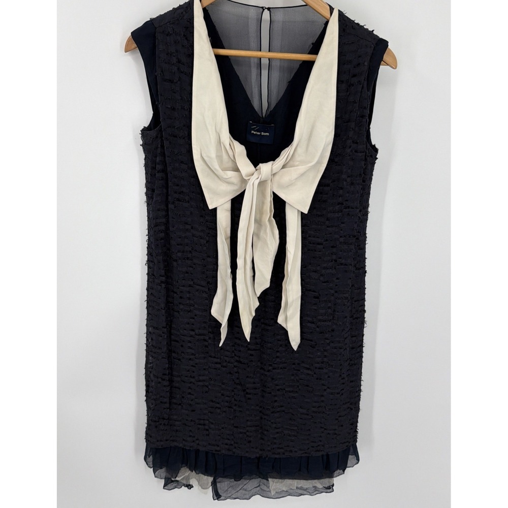 Peter Som Sleeveless Navy Silk Sz 4 Shift Dress Ivory Bow Collar Layered Texture